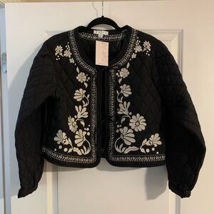Hyfve Black Quilted Cropped Jacket with White Floral Embroidery